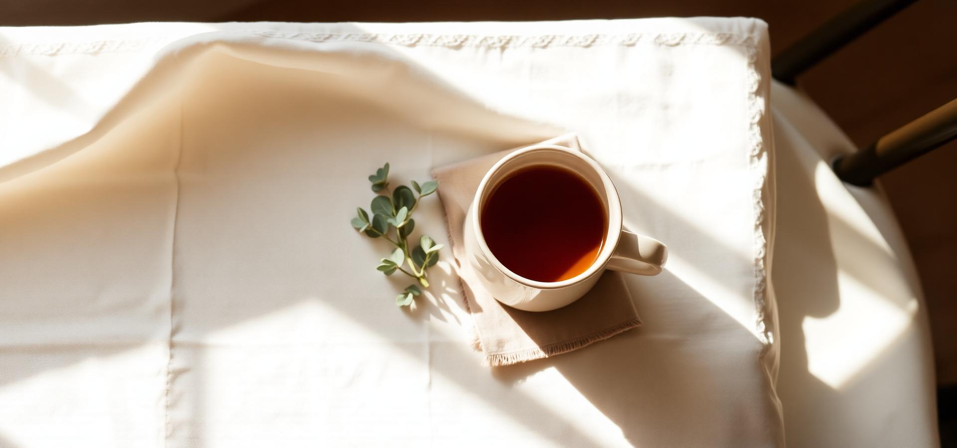 Warm morning sunlight across a linen-covered table with a ceramic mug of tea